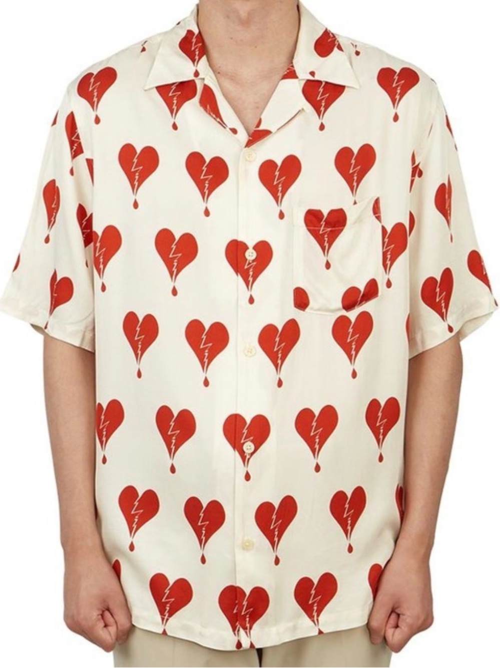 All Saints Cream Short-Sleeve Button-Up with Red Broken Heart Print